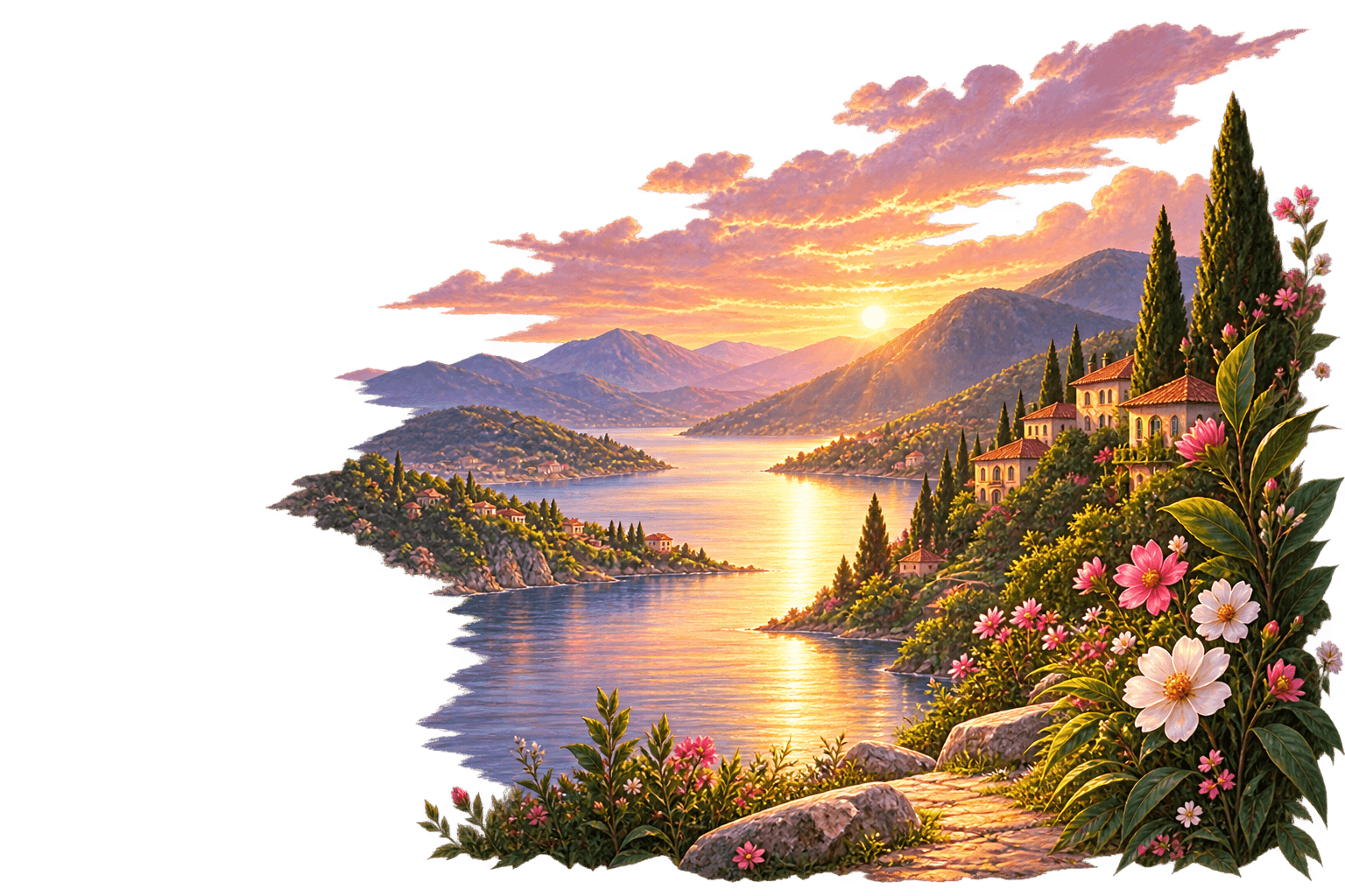 A warm sunset over a coastal landscape in bloom